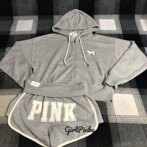 VS PINK IVY TERRY SHORTS OUTFIT & FULL ZIP IN GREY WITH LOGO ON THE BUTT XS-XXL
